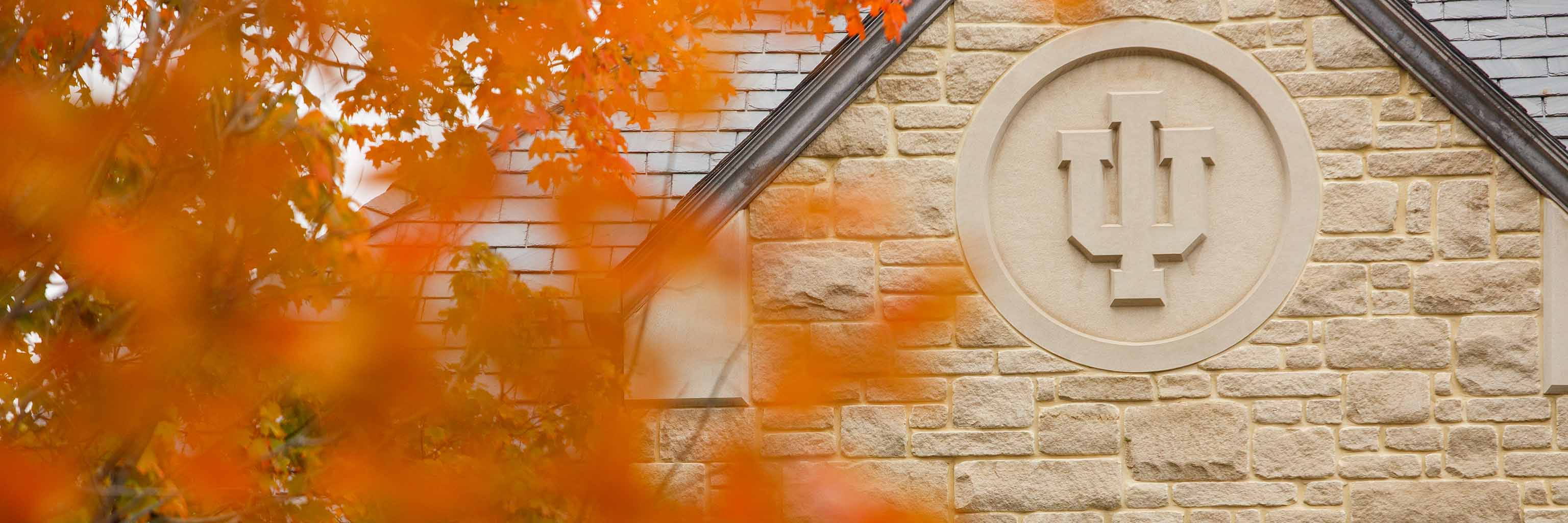Indiana University carving on building through orange leaves