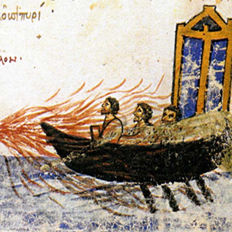 Drawing of three men in a boat